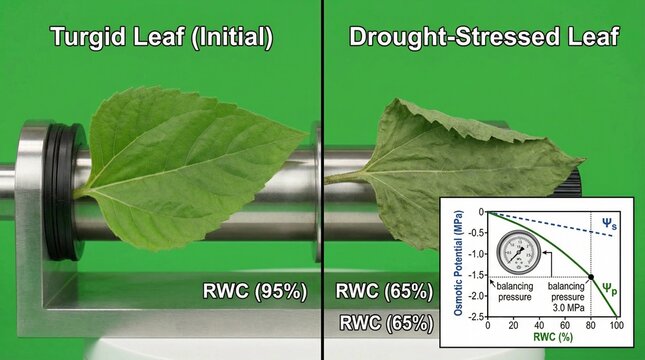 A comparison of a turgid leaf and a drought-stressed leaf with a graph showing the relationship between relative water content and osmotic potential