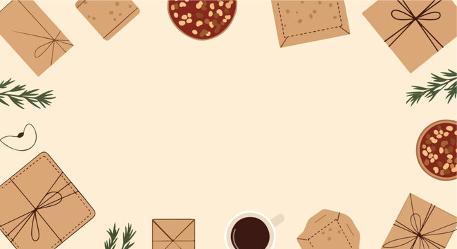 A cozy winter flat lay featuring brown paper gifts, cookies, coffee, and pine sprigs on a light beige background with central copy space.