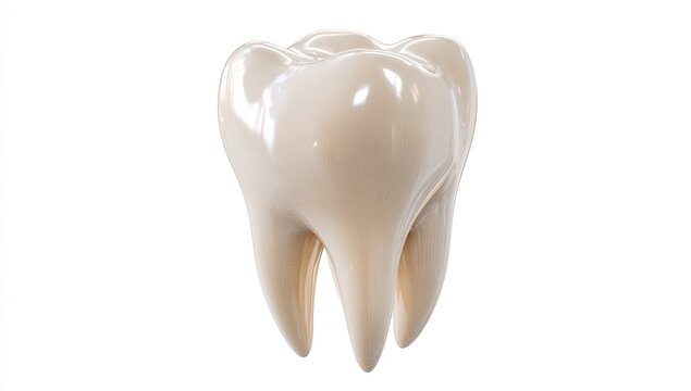 A gleaming, detailed molar with roots, isolated on a stark white background