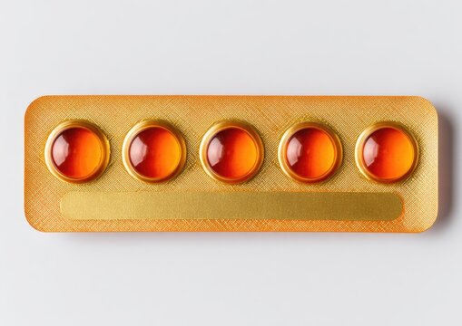 Five amber gel capsules in gold blister pack, studio shot