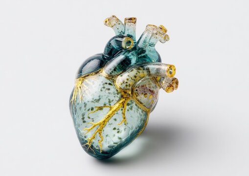Translucent glass anatomical heart sculpture with gold veining on white