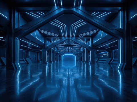 Futuristic blue neon corridor in a sci-fi space station interior