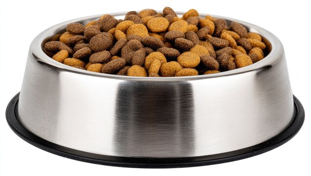 Full stainless steel bowl of mixed brown and tan kibble