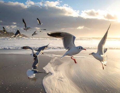 Several seagulls soar and land on a wet beach under a vibrant, golden sunset, waves rolling in the background