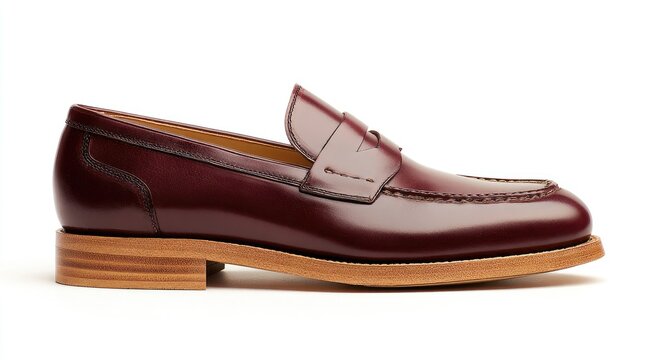 Polished burgundy leather penny loafer with contrast stitching on a stacked heel