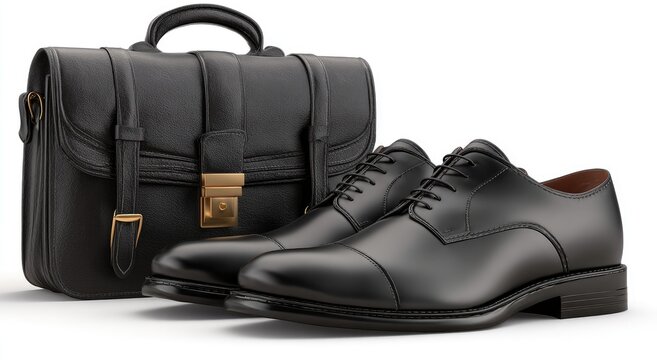 Classic black leather briefcase and cap-toe oxford shoes