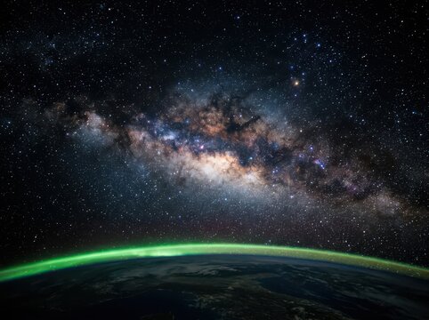 Milky Way galaxy rising above Earth horizon with green airglow