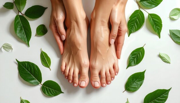 Top-down shot displays smooth female feet, held gently by hands, surrounded by vibrant green leaves, against a white backdrop