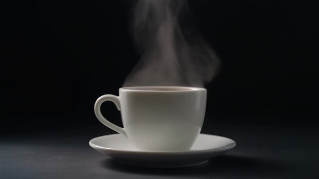 steam rising from hot coffee cup, dark background, cinematic lighting, slow motion, minimal composition
