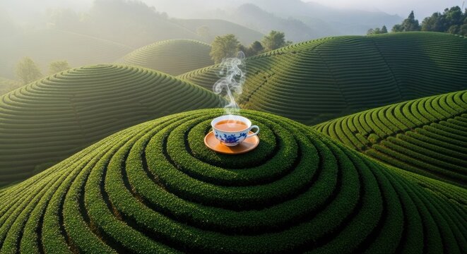 a rolling tea plantation landscape, a scene characteristic of several prominent tea-growing regions across Asia
