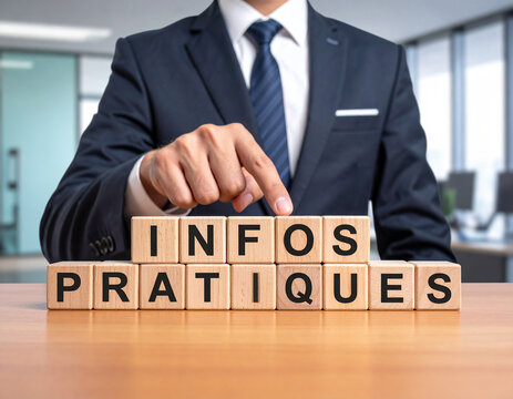Infos pratiques - Geschäftsmann zeigt auf das Wort "Infos pratiques"