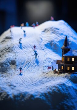 Tiny figures enjoy skiing down a snowy mountain next to a miniature illuminated lodge.