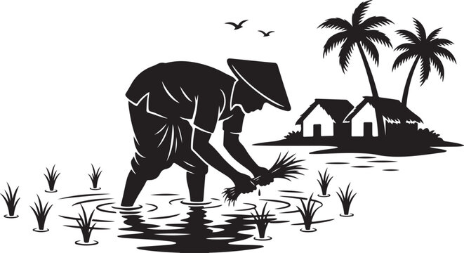 Black silhouette of farmer planting rice in paddies with palm trees