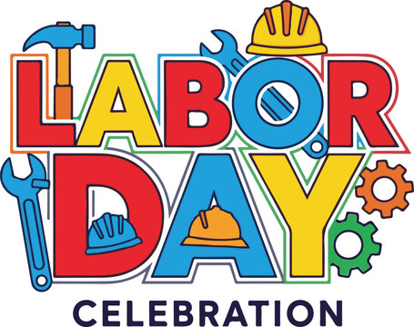 Colorful Labor Day celebration typography with tools and hard hats