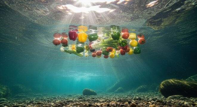 a variety of fresh produce, including bell peppers (red, yellow, and green), tomatoes, and leafy greens like celery or spring onions, floating in a body of water