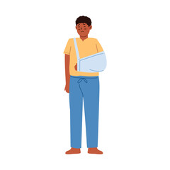 Sad young man with a broken arm in a sling stands looking down. © Nomicastudio