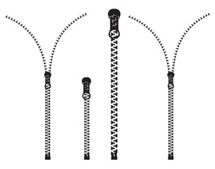 Zipper icon for fashion cloth. Set of stylish fasteners and zippers for clothing. Textile symbol and sign. Vector illustration of different  closed and open zippers for clothes on white background. © shamim