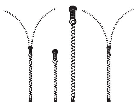 Zipper icon for fashion cloth. Set of stylish fasteners and zippers for clothing. Textile symbol and sign. Vector illustration of different  closed and open zippers for clothes on white background.