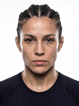 Female MMA Fighter Symmetrical Headshot Intense Gaze Anatomically Correct Skin Texture Realistic Pores Braided Hair Dark Charcoal Training Top Studio Lighting White Background One-Click Masking Ready