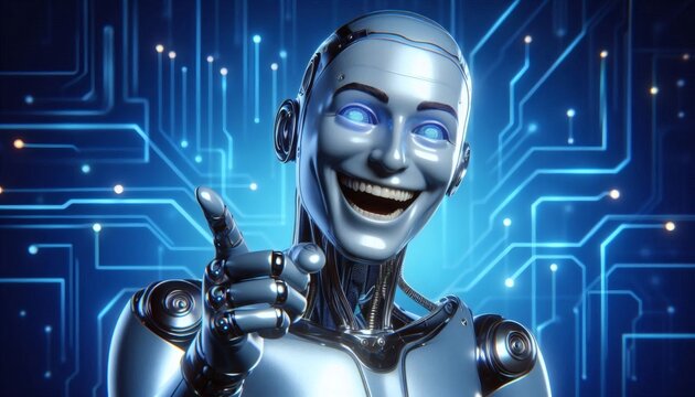 ai robot artificial intelligence laugh mocking pointing finger sarcastic android cyborg arrogant