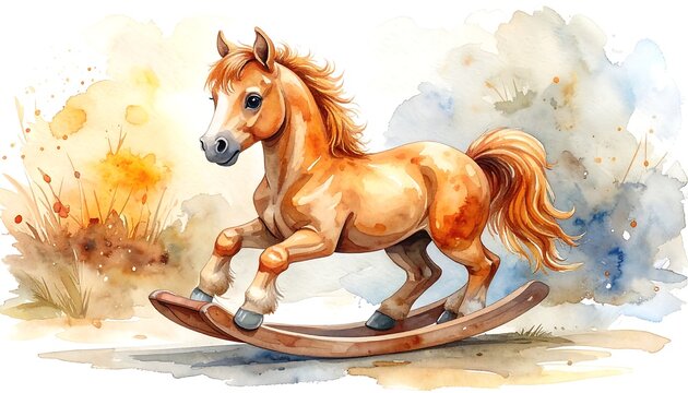 Watercolor illustration of a chestnut rocking horse with a flowing mane and tail, set against a soft background of abstract colors