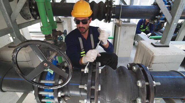 Two industrial technicians wearing safety helmets adjusting a large valve on heavy pipeline infrastructure at an industrial facility.