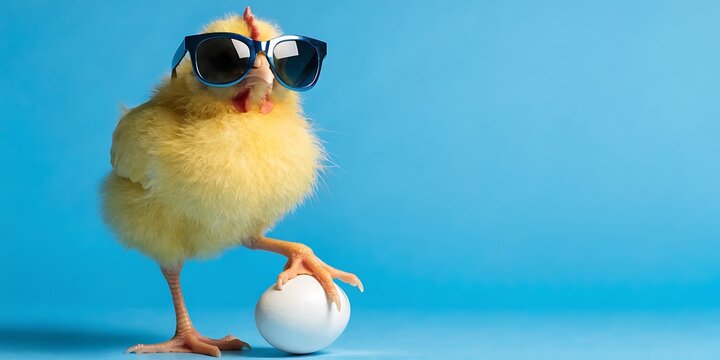 Adorable yellow chick wearing sunglasses standing on egg