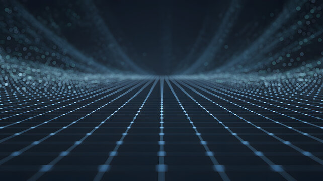 A motion of light and grid lines creates an abstract blue fractal background, blending technology and science into a virtual reality design element for a space communication wallpaper