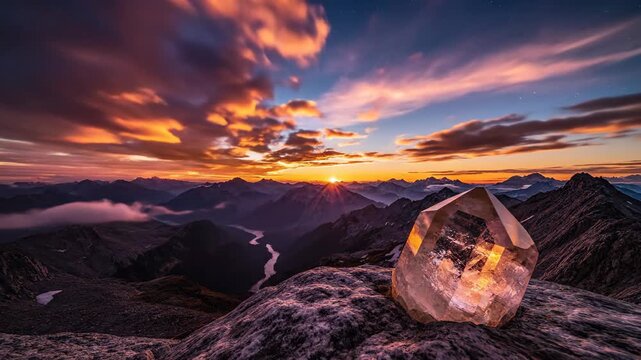 Citrine Crystal Shines in Mountain Sunset Landscape