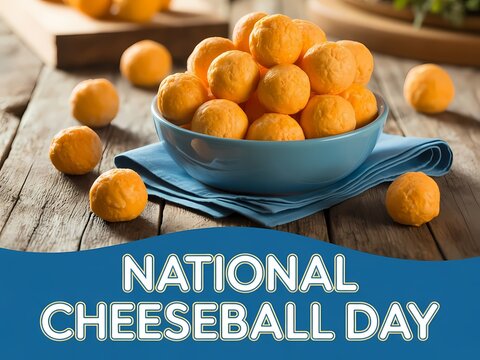 National Cheeseball Day Celebration with Bowl of Golden Cheese Snack Balls on Rustic Table