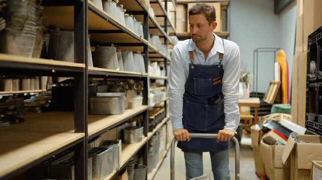 Professional worker in denim apron pushing cart and organizing metal galvanized pots on shelves in an industrial warehouse setting, ideal for small business, craft shop, or logistics concepts.