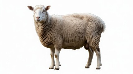 Fototapeta premium A sheep standing alone on a white background, looking directly at the camera.