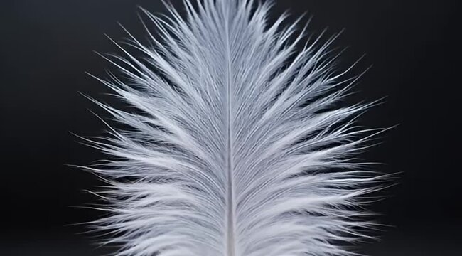 Extreme close up of a delicate white feather against a black backdrop