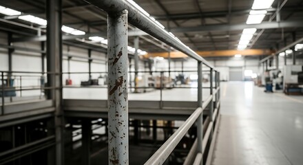 Obraz premium Industrial factory interior with metal railings and machinery visible in the background, showcasing a manufacturing or production environment.