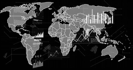 Stylized world map showing bar charts line graphs hex clusters nodes on dark grid dashboard © vectorfusionart