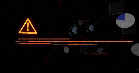 Fototapeta premium Glowing orange warning triangle sitting left on HUD, showing progress lines, pie chart, copy space