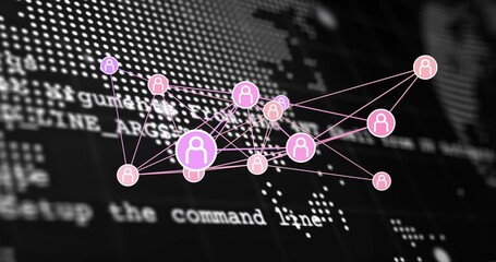 Forming pink circular avatar graph over blurred console showing thin pink lines and hub nodes © vectorfusionart