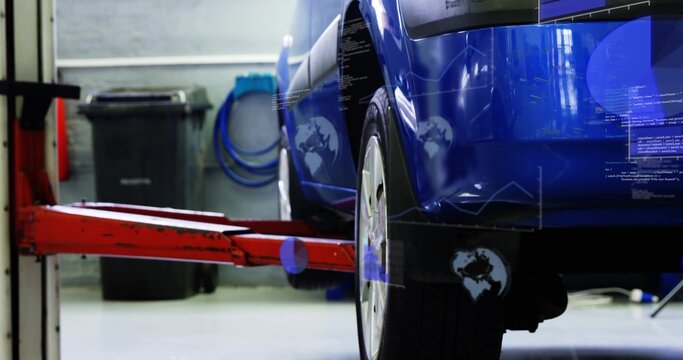 Showing glossy blue car rear wheel being lifted on red hydraulic arm in garage, with overlays
