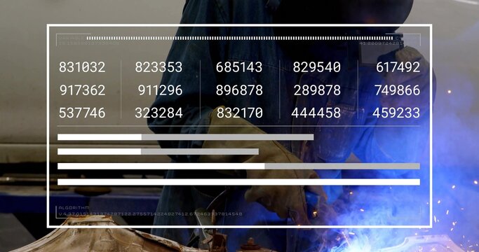 Welding welder in dark jacket and leather gloves operating torch at workshop, HUD overlay visible