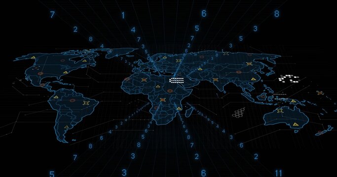 Displaying neon-blue map over command-grid, showing numeric markers, warnings, radial lines