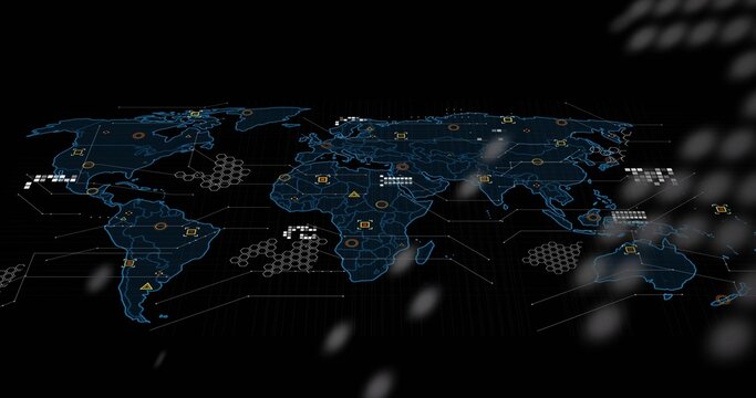 Holographic world map projecting blue outlines with hex grid and glowing hotspots on black backdrop
