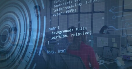 Presenting team lead in white shirt guiding coworkers in office, red top, laptops, code HUD overlay © vectorfusionart