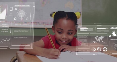 HUD appearing student leaning writing with yellow pencil while overlays moving to show progress © vectorfusionart