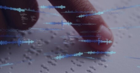 Pressing bare fingertip tracing raised Braille dots on light page at desk, showing blue waveforms © vectorfusionart