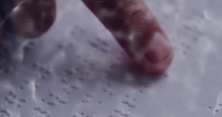 Pressing human fingertip on tabletop surface, showing fingernail, granular specks and halftone © vectorfusionart