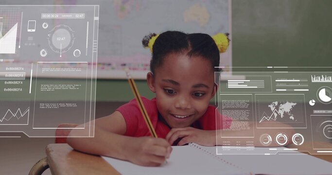 HUD appearing student leaning writing with yellow pencil while overlays moving to show progress