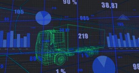 Displaying neon green wireframe 3D truck rotating on dashboard, with bar charts and numeric data © vectorfusionart
