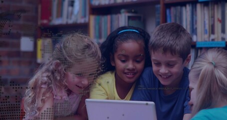 Leaning four students watching white tablet near bookshelves, wearing colorful clothes and stickers © vectorfusionart