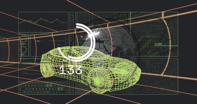 Displaying neon-green 3D wireframe car model rotating in virtual CAD with HUD133, globe, map panels