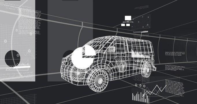 Displaying 3D wireframe van model rotating in virtual workspace, with pie chart, line graph, grid